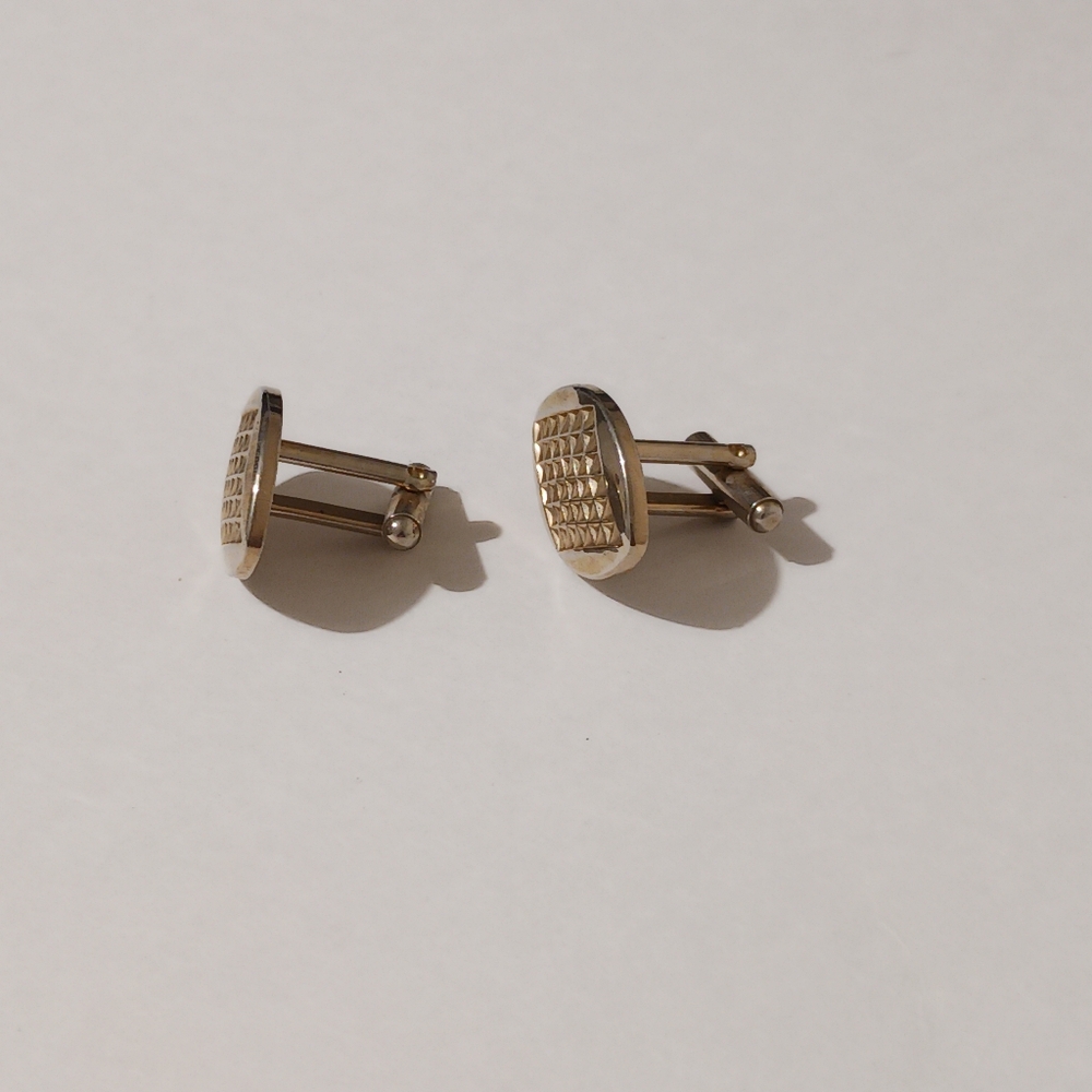VTG Gold Tone Etched Navette Cufflinks, Atomic Space Age Modernist Diamond-Cut